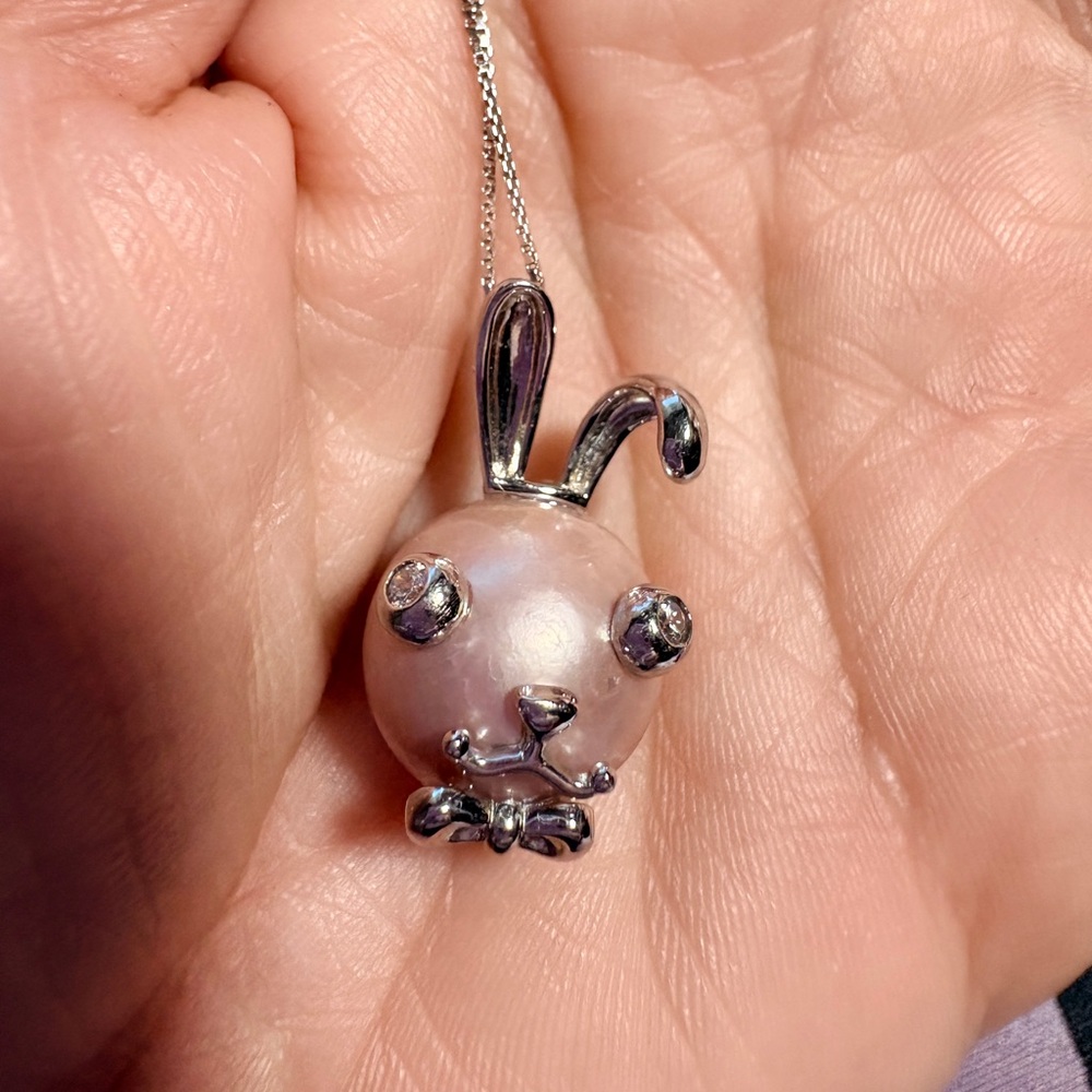Silver and freshwater Pearl Bunny Pendant Necklace